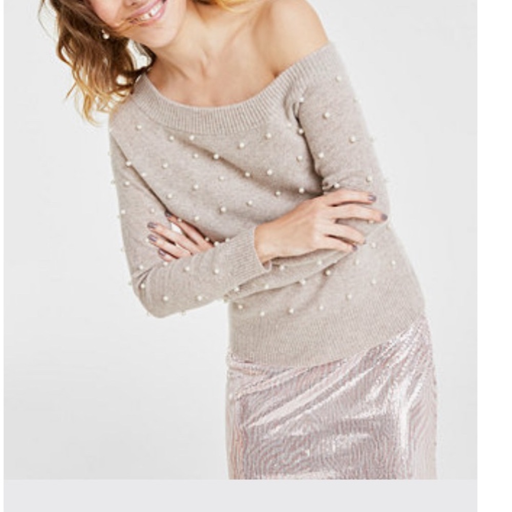 Charter Club Beige Cashmere Sweater - Pearl Studded